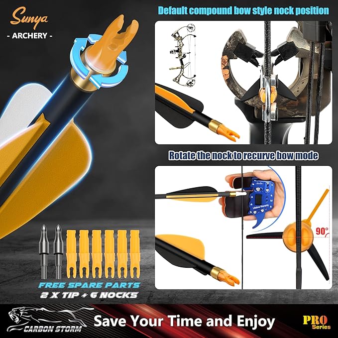 SUNYA 12-Pack 30 Inch Carbon Arrows Spine 500 or 400 for 40-60 LBS Bows｜Switch to Recurve/Compound Modes, Anti-Loose O-Ring & TPU Vanes for Hunting/Target Practice