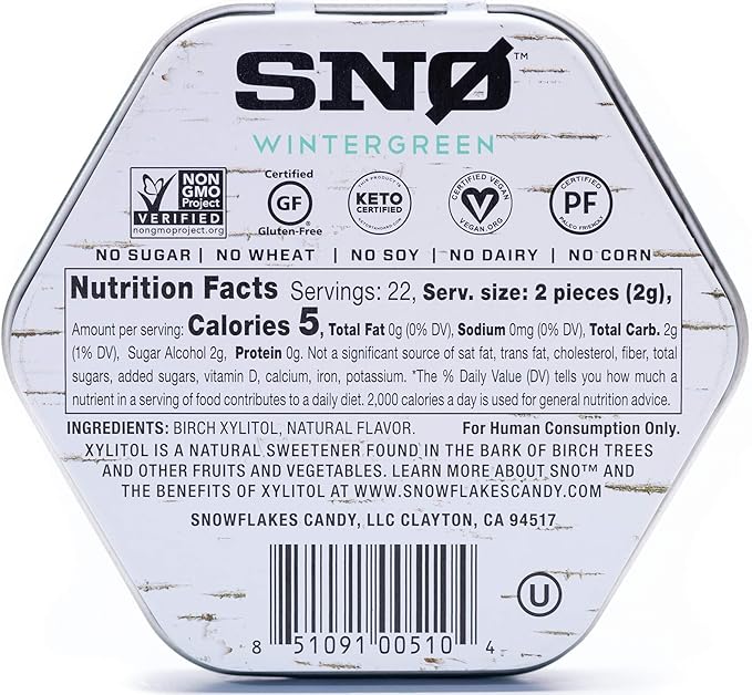 Wintergreen KETO Xylitol Candy Chips - SNØ 1.5oz Tin - Sugar-Free Candy With Only 2 Ingredients | Low Carbs, Diabetic-Friendly, Non-GMO, Vegan, GF & Kosher | Purest candy in the world!