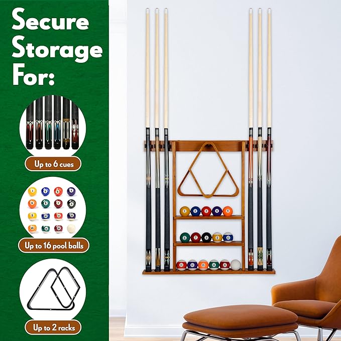 Iszy Billiards Pool Cue Rack - Billiard Pool Stick and Ball Holder Only - 100% Wood Wall Mount Holds 6 Cues and 16 Balls - Pool Table Accessories, Oak