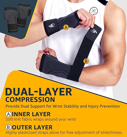 HiRui 2-Pack Wrist Brace Wrist Wraps, Hand Compression Sleeves with Wrist Straps Support for Fitness Weightlifting MTB Tendonitis Carpal Tunnel Arthritis Pain Relief (Black, Large)
