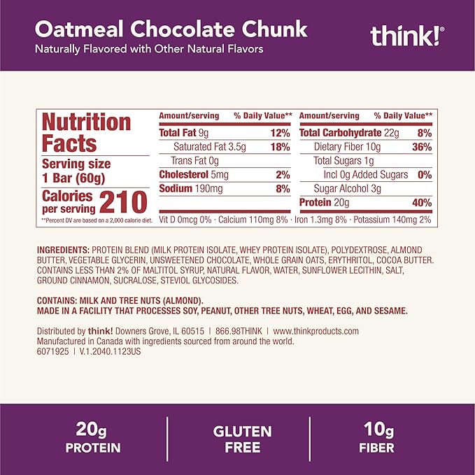 think! Protein Bars, High Protein Snacks, Gluten Free, High Fiber, Oatmeal Chocolate Chunk, 10 Count