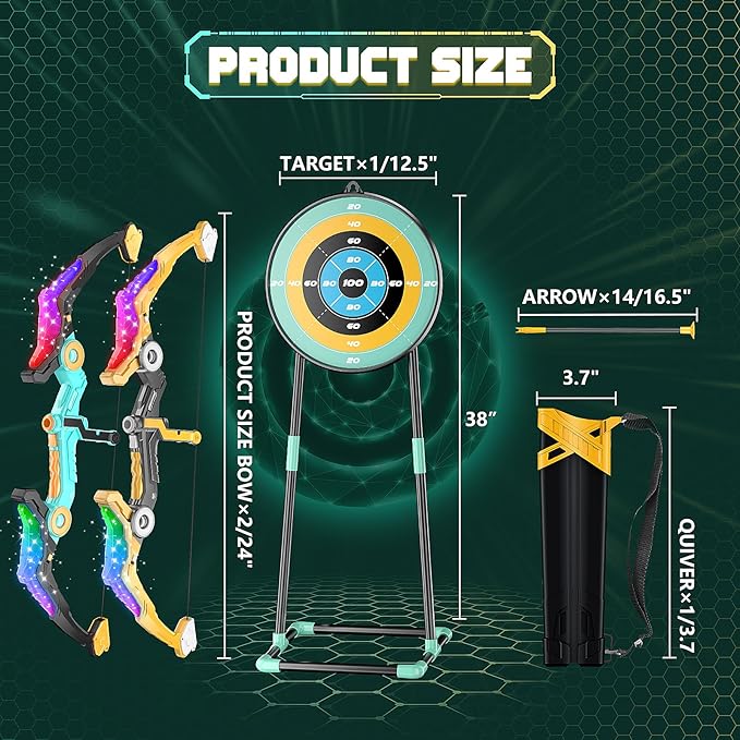2 Pack Upgraded Kids Bow and Arrow Sets with Sound Effects&Color-Changing LED Flash Lights, Achery set for 4 5 6 7 8 9 10 11 12 Year Old, Indoor Outdoor Toys for Ages 5-7 8-13 Boys Girls(Green&gold)