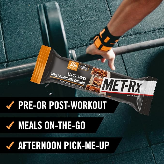 MET-Rx Big 100 Colossal Protein Bars, Vanilla Caramel Churro Meal Replacement Bars, Brown, 9 Count