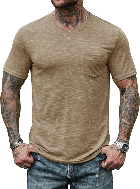 Men's V Neck T Shirts Casual Stylish Fitted Stretch Tee Shirt with Pocket (S-3XL)