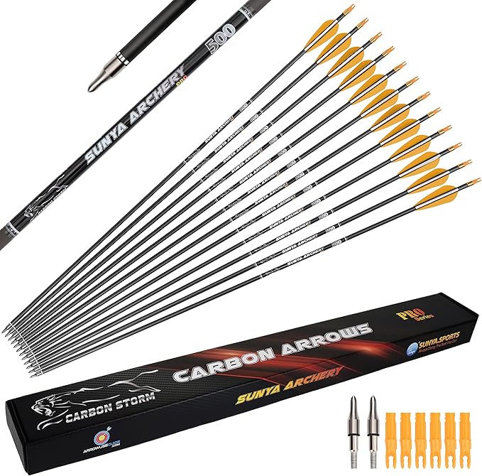 SUNYA 12-Pack 30 Inch Carbon Arrows Spine 500 or 400 for 40-60 LBS Bows｜Switch to Recurve/Compound Modes, Anti-Loose O-Ring & TPU Vanes for Hunting/Target Practice