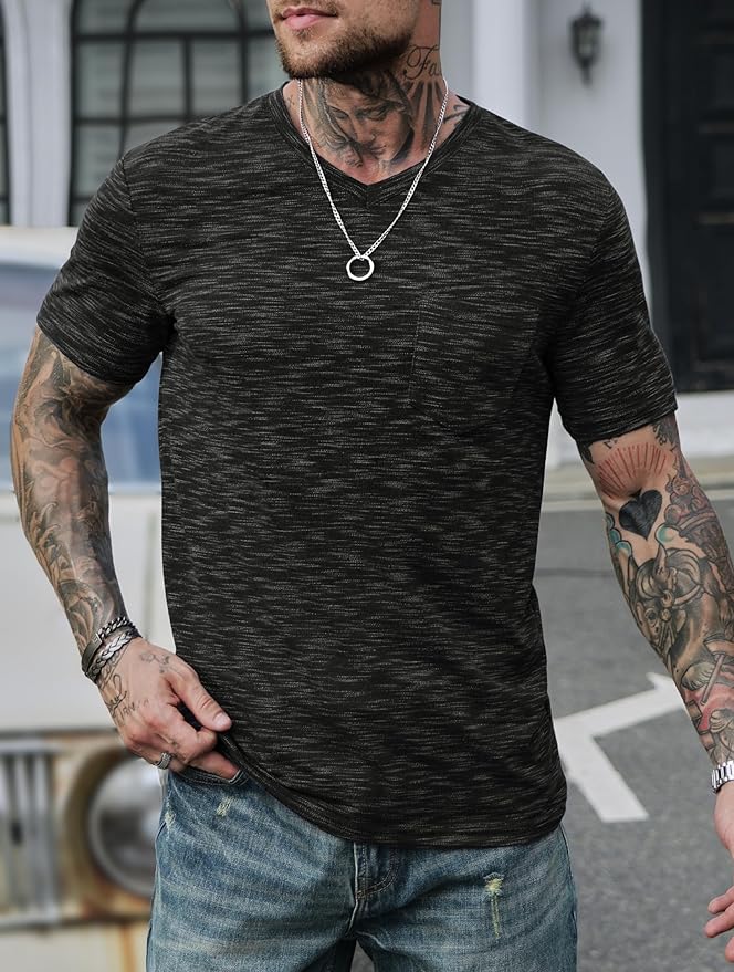 Men's V Neck T Shirts Casual Stylish Fitted Stretch Tee Shirt with Pocket (S-3XL)