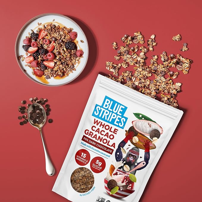 Blue Stripes Whole Cacao Granola - Gluten Free 70% Dark Chocolate Granola for Cereal, Oatmeal, Yogurt, 5g Protein Per Serving, Source of Fiber, Vegan, Low Sugar - Dark Chocolate, 8 oz Bag (6 Pack)