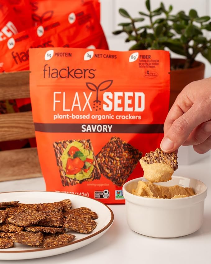 Flackers Organic Savory Flaxseed Crackers, Gluten Free, Non GMO, Vegan, Keto Snack, 8g Fiber, 3g Net Carbs, 5 Ounce 2-Pack