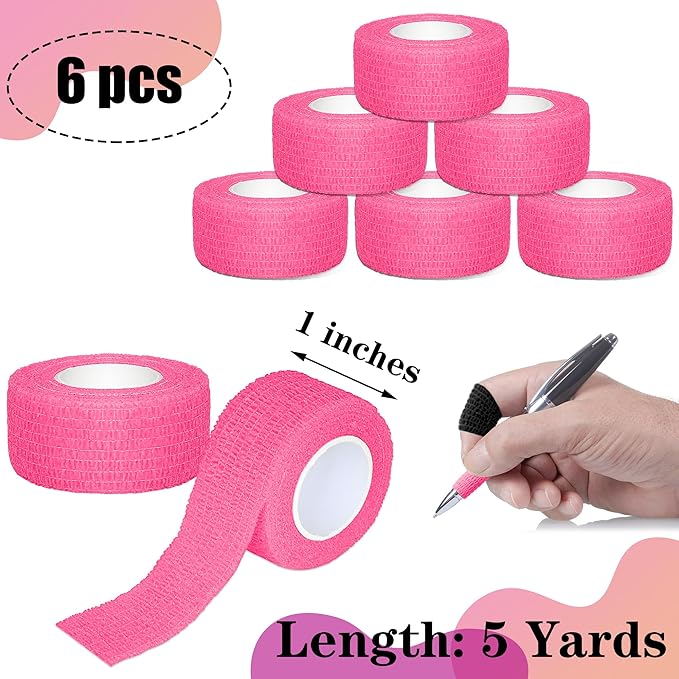 6 Pack 1 Inches Self Adhesive Bandage Wrap Breathable Cohesive Bandage Elastic Tape for Pets, Athletic, Sports, Wrist, Knee, Ankle(5 Yards Per Roll, Pink)