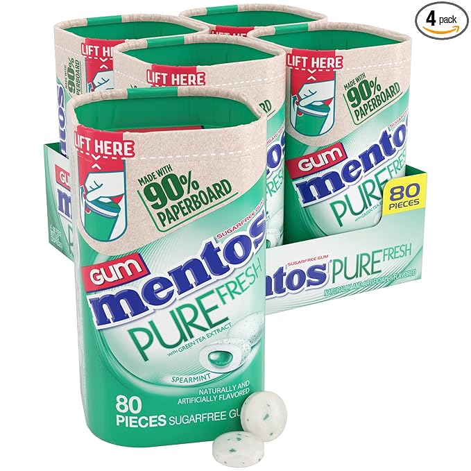 Mentos Pure Fresh Sugar-Free Chewing Gum with Xylitol, Spearmint, in a recyclable 90% Paperboard Bottle, 80 Piece, Pack of 4 Bottles