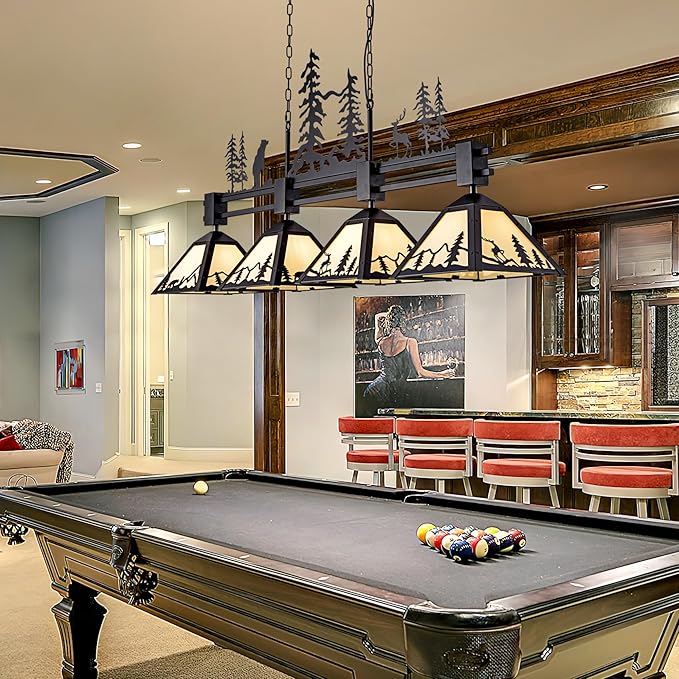 TOCHIC Vintage Pool Table Light, 62 inch Tiffany Bear Billiard Pool Table Lights, 4 Lights Rustic Farmhouse Billiard Hanging Light Fixture for 7 to 9 ft Snooker Table, Game Room, Man Cave, Kitchen