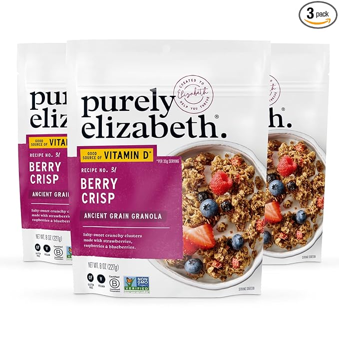 Purely Elizabeth Berry Crisp Granola wit Vitamin D, Made with Organic Oats and Ancient Grains, Gluten-Free, Non-GMO (3 Ct, 8oz Bags)