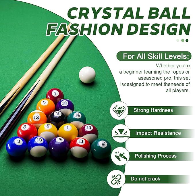 Billiard Balls Set 2-1/4" Regulation Size Pool Table Balls for Replacement (16 Resin Balls)
