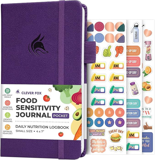 Clever Fox Food Sensitivity Journal Pocket – Daily Intolerance & Symptom Log for IBS, Diabetic, Low Fodmap, Elimination Diet – Health Tracker, 3.7x6.7 (Purple)