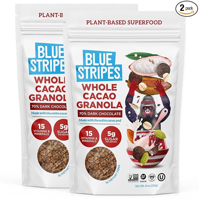 Blue Stripes Whole Cacao Granola (Dark Chocolate) - Gluten-Free, Low-Sugar, All-Natural, Non-GMO | No Refined Sugar | Vegan | No Artificial Ingredients | (2 Pack)