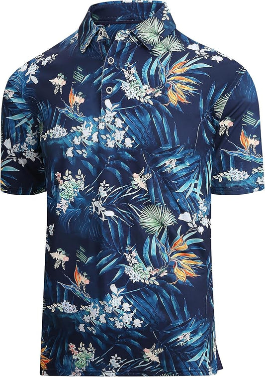 Esabel.C Golf Shirts for Men Dry Fit Performance Short Sleeve Print Moisture Wicking Collared Shirt