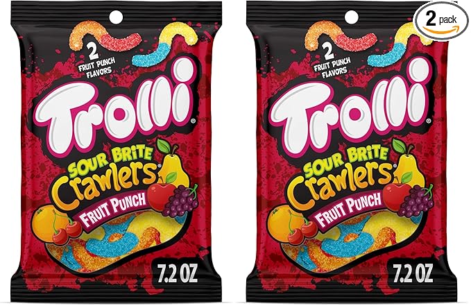 Trolli Sour Brite Crawlers Candy, Fruit Punch Flavored Sour Gummy Worms, 7.2 Ounce (Pack of 2)