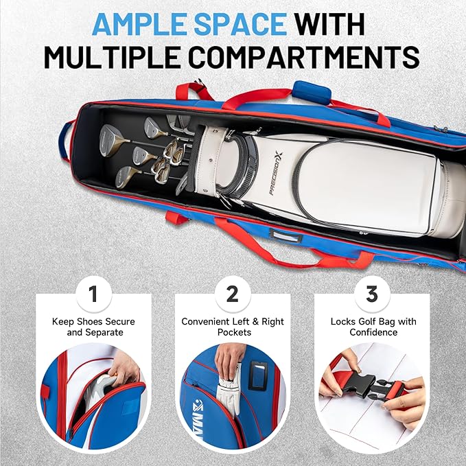 MANUEKLEAR 1680D Nylon Travel Golf Bags Club for Airlines with Wheels, Golf Travel Bags for Airlines with Padded Top, Golf Travel Case Cover with 3 Large Pocket for Golfer