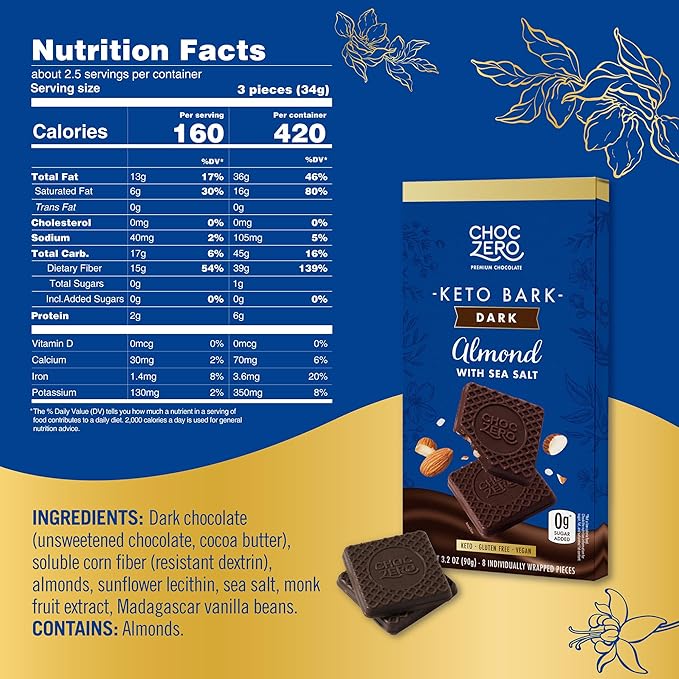 ChocZero Keto Bark, Dark Chocolate Almonds with Sea Salt, Sugar Free, Low Carb, No Sugar Alcohols, No Artificial Sweeteners, All Natural, Non-GMO, 3.2 Ounce (Pack of 4)