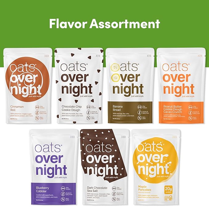 Oats Overnight Vegan Variety Pack - High Protein, High Fiber Breakfast Protein Shake - Gluten Free Oatmeal, Non GMO Protein Oatmeal - Banana Bread, Blueberry Cobbler & More (8 Pack + Shaker Bottle)