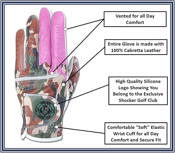 Shocker Camo Golf Glove Men's - Premium Cabretta100% Leather, Durable Grip, White and Camo, Adult Men's Golf Gloves, Funny Gag Gift, Left & Right Handed, Small to XXL Sizes