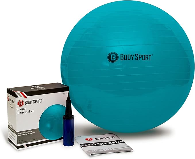 Body Sport Exercise Ball with Pump for Home, Gym, Balance, Stability, Pilates, Core Strength, Stretching, Yoga, Fitness Facilities, Desk Chairs