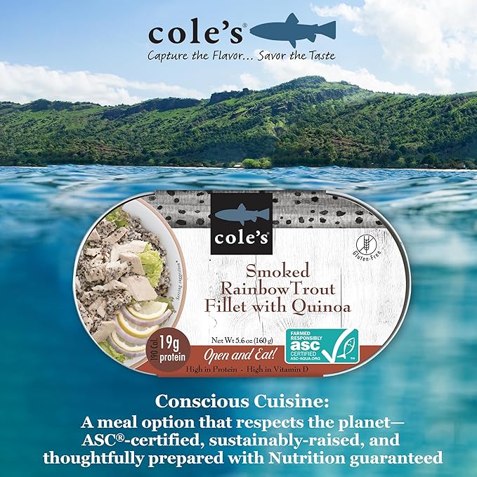 COLE’S - Smoked Rainbow Trout Fillet with Quinoa | Open & Ready to Eat Meal | 5.6 oz Canned & Hand-Packed | 19g Protein | High in Vitamin D | 1 unit