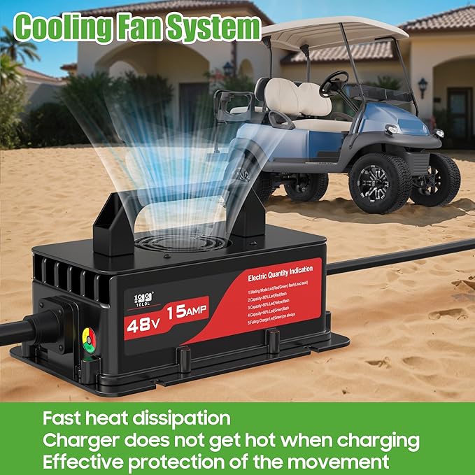 10L0L Club-Car-DS Charger 48V 15A 3-Pin Round Plug Golf Cart Rapid Charger - IP68 Waterproof, Auto Shut-Off, Smart Cooling, Aluminum Housing, Charging Indicator (Black)