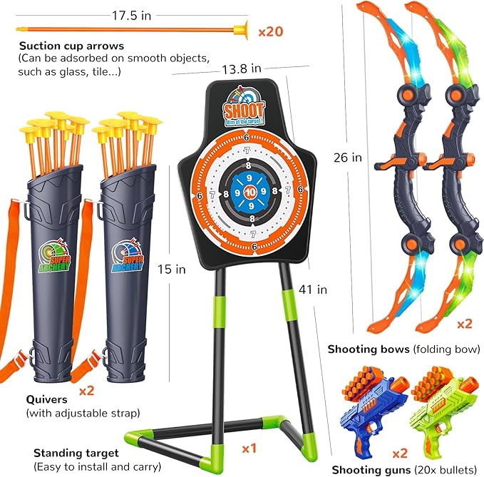 GMAOPHY Bow and Arrow for 5 6 7 8 9 10 11+ Year Old Boys, Birthday Gift for Kids, Indoor Outdoor Activity Toys, 2 Pack LED Light Up Archery Toy with 20 Suction Cup Arrows, Standing Target, 2 Quiver