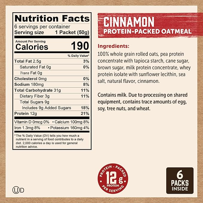 Kodiak Cakes Instant Oatmeal Packets - High Protein- 100% Whole Grains Breakfast Food - Cinnamon (36 Packets)