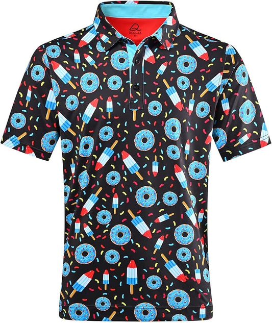 DEOLAX Mens Polo Shirts Fashion Print Mens Golf Shirt Dry Fit Mens Golf Polo Short Sleeve Quick Dry Funny Golf Shirt for Men
