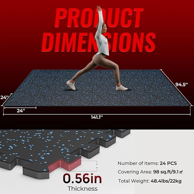 SUPERJARE 0.56'' Thick 24 Pcs 96 Sq Ft Rubber Top Exercise Equipment Mats, High Density EVA Foam Mats with Rubber Top, Interlocking Gym Flooring for Home Gym, Protective Workout Mat, Black/Blue