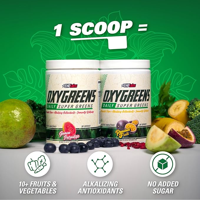 EHP Labs OxyGreens Super Greens Powder – Daily Greens & Superfood Supplement with Spirulina, Chlorella, Prebiotics, Digestive Enzymes, Antioxidants – 30 Servings (Forest Berries)