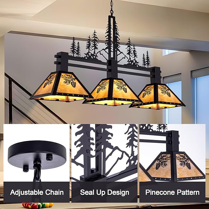 TOCHIC 3-Light Pool Table Light for 7' 8' 9' Table, 48" Rustic Tiffany Billiard Pool Table Lights, Farmhouse Chandelier for Dining Room Hanging Ceiling Light Fixture for Game Room Basement Bar