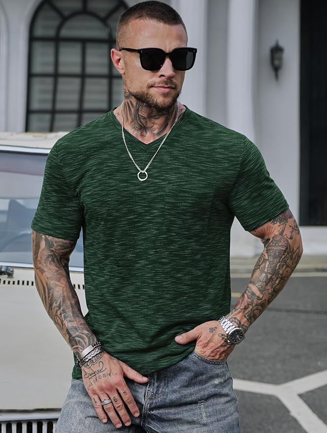 Men's V Neck T Shirts Casual Stylish Fitted Stretch Tee Shirt with Pocket (S-3XL)
