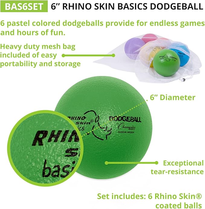 Champion Sports Rhino Skin Dodgeball Set – 6 Soft Foam Dodgeballs with Tear-Resistant Coating, Grip Surface, Low Bounce, Mesh Bag, Indoor & Outdoor Playground or PE Class Ball Set – 6” or 7”