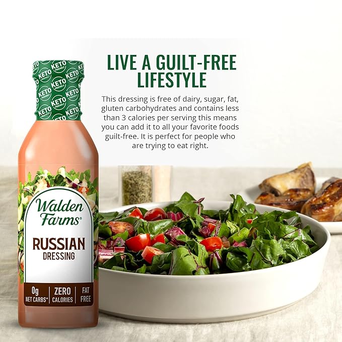 Walden Farms Russian Dressing – Calorie-Free, Gluten-Free, Low Carb, Keto-Friendly, Sugar-Free, Fat-Free, Dairy-Free Sweet & Tangy Russian Flavor – 6-Pack, 12 oz Bottles