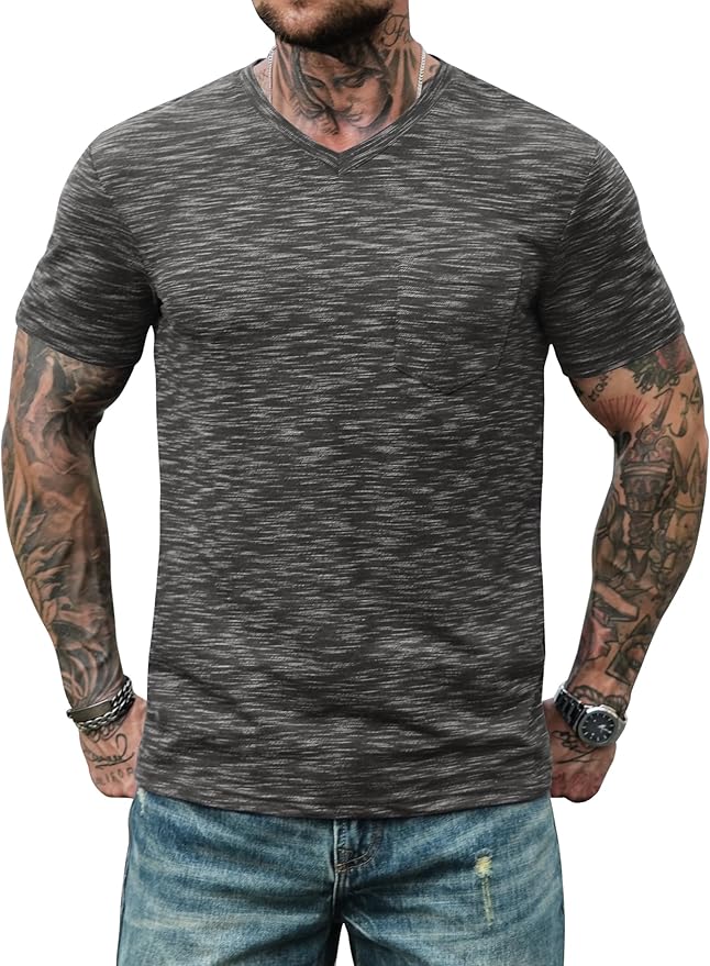 Men's V Neck T Shirts Casual Stylish Fitted Stretch Tee Shirt with Pocket (S-3XL)