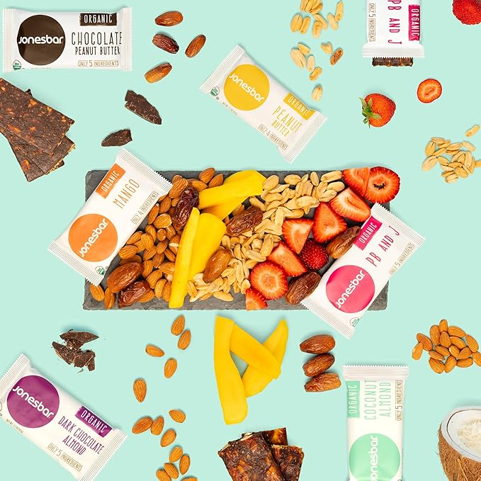 JONESBAR (Variety Pack, 12 Count (Pack of 1)), USDA Organic Fruit & Nut Bar, Non-GMO, Kosher, Vegan, Gluten Free, Simple Snack Bar