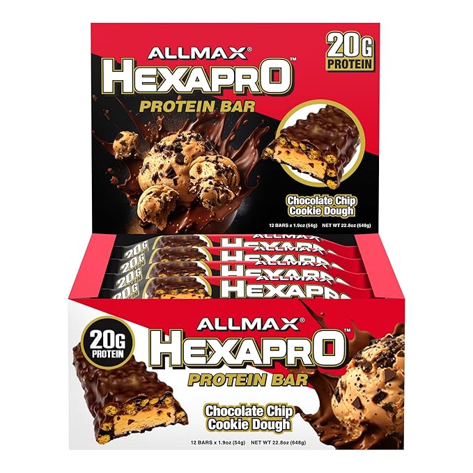ALLMAX HEXAPRO PROTEIN BAR, Chocolate Chip Cookie Dough - Pack of 12 - High-Protein Energy Snack - 20 g of Protein Per Bar - With Whey Protein Isolate