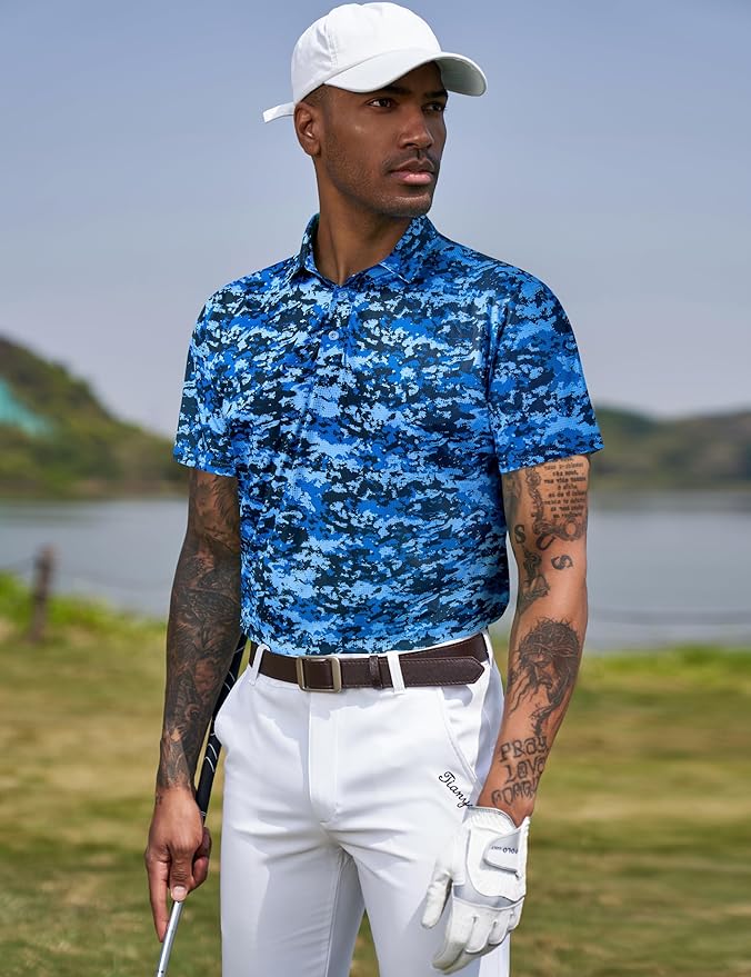 TAPULCO Mens Quick Dry Polo Shirts Camouflage Pattern Performance Athletic Lightweight Breathable Casual Golf Tshirts