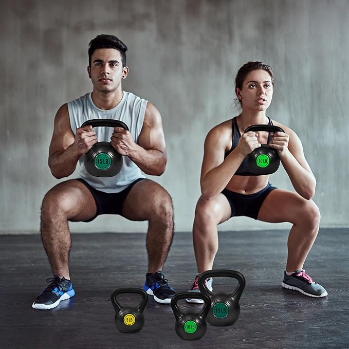 Fitvids Wide Grip 3-Piece or 4-Piece Kettlebell Exercise Fitness Weight Set, Include 5 lbs, 10 lbs, 15 lbs and 20 lbs, Set of 3 or Set of 4