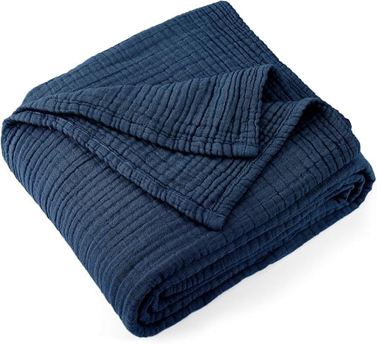 Carriediosa 100% Cotton Muslin Throw Blanket 66" X 90" Twin XL Size，4-Layers Summer Gauze Throws for Bed Couch，Soft Lightweight Breathable Linen Blankets Bedspread for Adults All Season，Navy Blue
