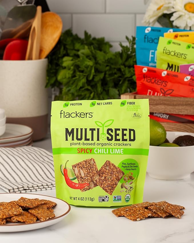 Flackers Organic Spicy Chili Lime Multi-Seed Crackers, 4 Ounce 1-Pack, Gluten Free, Non GMO, Vegan, Keto Snack, 8g Fiber, 3g Net Carbs
