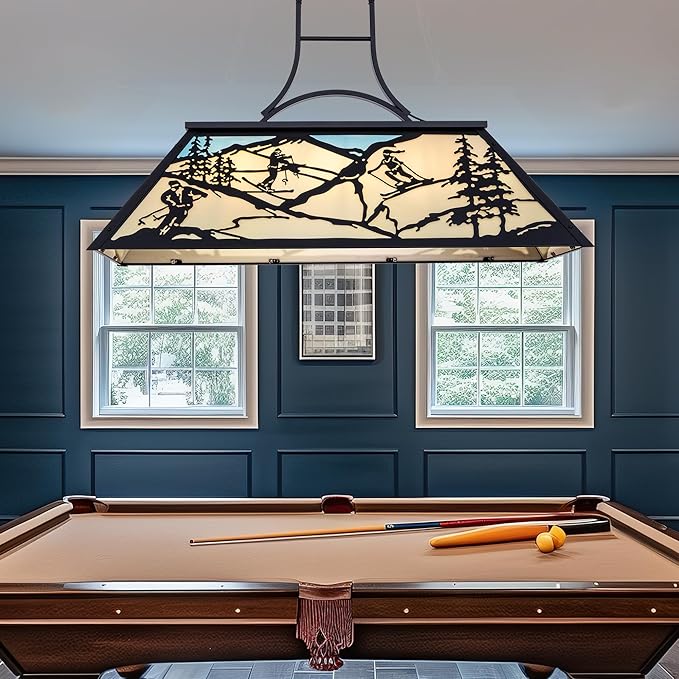 TOCHIC Tiffany Billiard Pool Table Lights, 43.3" Rustic Pool Table Lighting Fixture for 7' 8' Table, Farmhouse Chandelier with Ski Shade for Dining Game Room, Kitchen Island, Club Bar, Man Cave