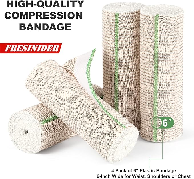 Premium Elastic Bandage Wrap, 4 Pack 6" Cotton Latex Free Compression Bandage Wrap with Touch Closure at Both Ends, Support & First Aid for Sports, Medical, and Injury Recovery