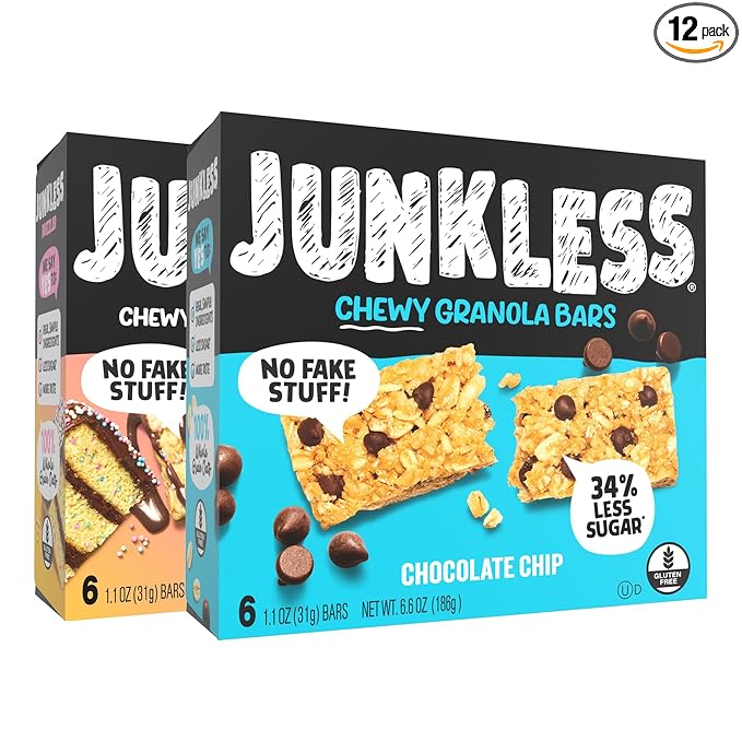 JUNKLESS Chewy Granola Bars Twin Pack – Chocolate Chip & Drizzled Birthday Cake (12 Bars)–Less Sugar, Non-GMO, Gluten-Free, Wholesome Snack Bars for Kids & Adults, 2 Boxes