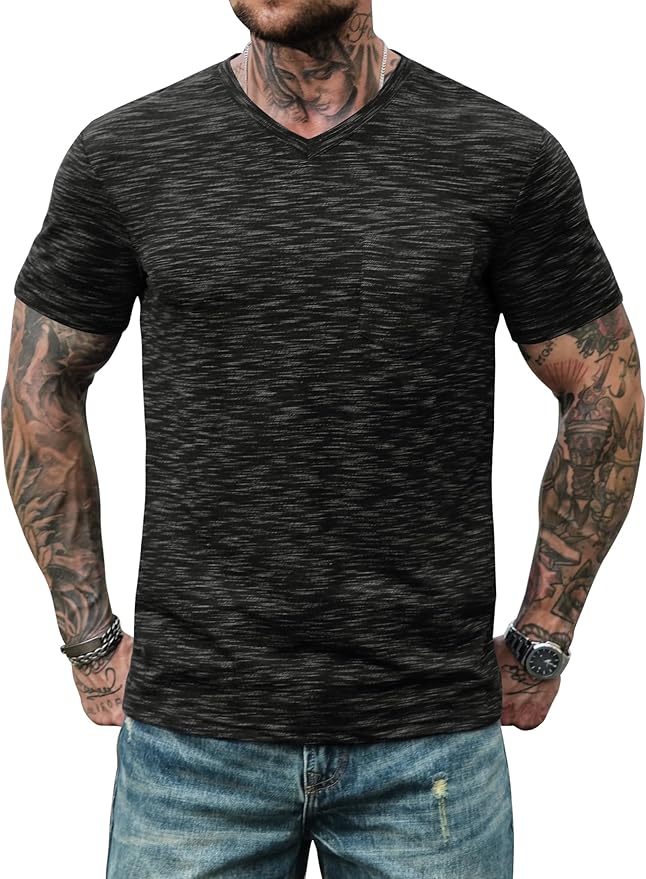Men's V Neck T Shirts Casual Stylish Fitted Stretch Tee Shirt with Pocket (S-3XL)