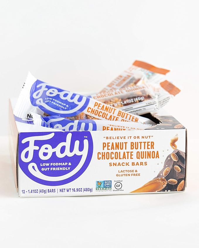 Fody Foods Snack Bars, Peanut Butter Chocolate Quinoa, 1.41 Oz (Pack of 12), 6g Protein, Low FODMAP, Gut & IBS Friendly, Vegan, Lactose Free, Non-GMO, Gluten Free