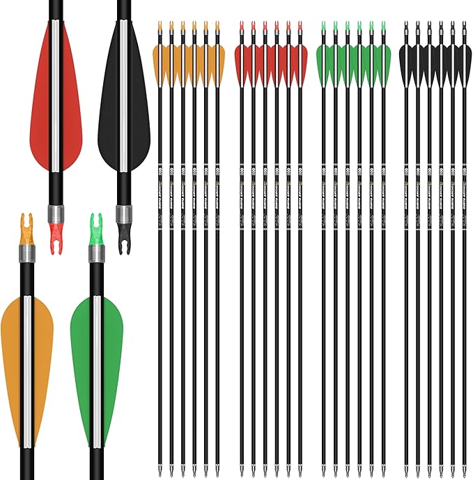 SUNYA Archery 24PCS Compound Bow Arrows for Practice. 30" Carbon Shaft, Spine 500 with Removable Tips. 4 Colors Vane Fit for Indoor and Outdoor Archery.